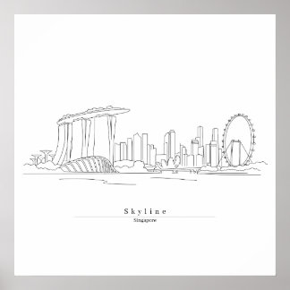 Singapore Skyline Minimalistisk Linje Konst | Stad Poster
