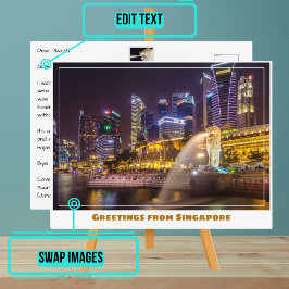 Singapore Skyline på natten med Merlion Vykort