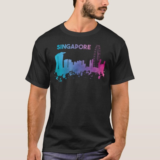 Singapore Skyline Watercolor Asia Souvenir T Shirt (Framsida)