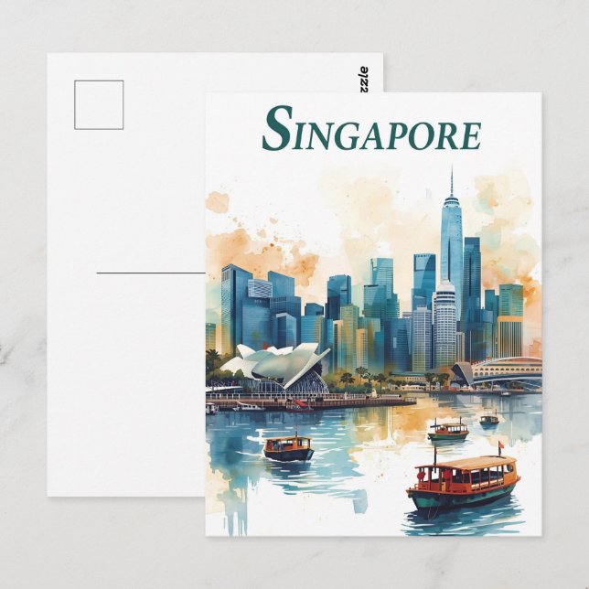 Singapore stad retro vykort över stadssiluetten (Fram/baksida)