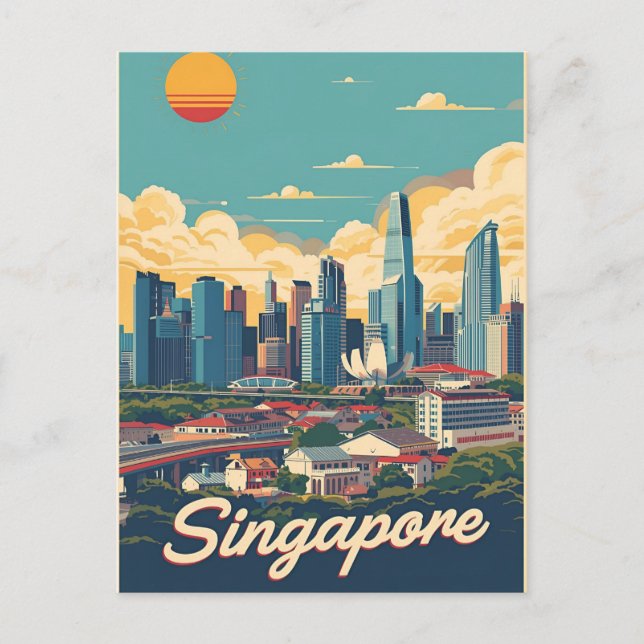 Singapore stads retro himmelslinje vykort (Framsida)