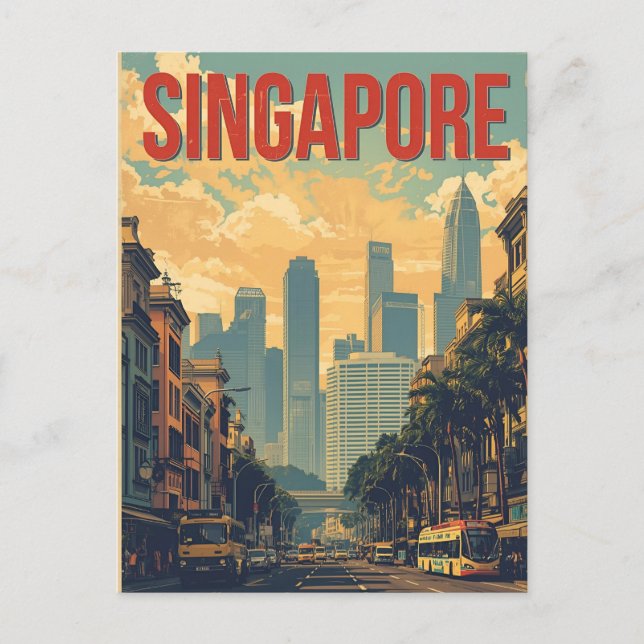 Singapore stads retro himmelslinje vykort (Framsida)