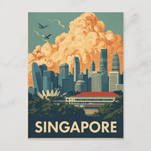 Singapore stads retro himmelslinje vykort (Framsida)