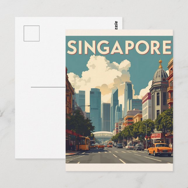 Singapore stads retro himmelslinje vykort (Fram/baksida)
