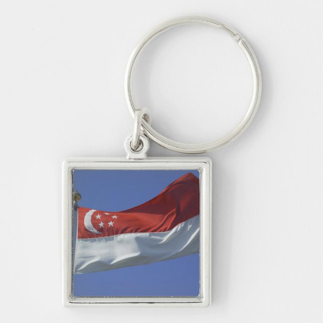 Singaporeflagga Fyrkantig Silverfärgad Nyckelring (Framsidan)