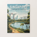 Singapores trädgårdar vid Bay Travel Art Vintage Pussel<br><div class="desc">Passdesign för singaporianska retrovektorer. Marina Bay är ett storskaligt område med skyscraper,  hotell och lyx mall. Det är känt för det torkande Singapore Flyer Ferris-hjulet och blomsterkonservatorierna och de färgstarka trädgårdsarna vid bukten.</div>