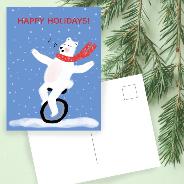 Singel Unicle Polar Bear Jul Cute Anpassningsbar Helg Vykort (Singing Unicycle Polar Bear Christmas Cute Custom Holiday Postcard
)