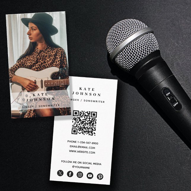 Singer Musician Photo Social Media QR-kod Visitkort (Singer Musician Photo Social Media QR Code Business Card)