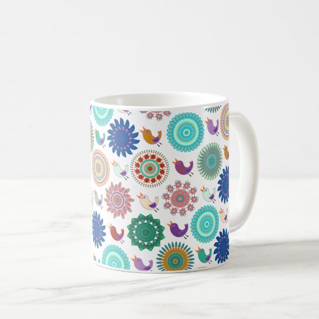 Singing Bird and Mandala Cute Folk Art Mönster Kaffemugg (Framsida höger)