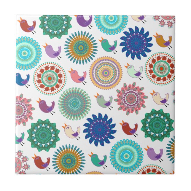 Singing Bird and Mandala Folk Art Mönster Kakelplatta (Framsidan)