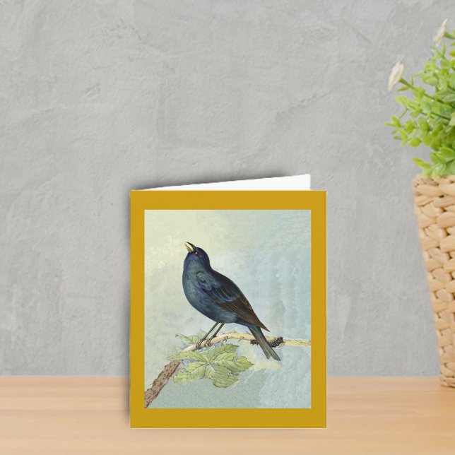 Singing Blackbird Watercolor Note Card Kort (Elegant singing blackbird on branch with caterpillar leaves on dark golden yellow boder notcard.)