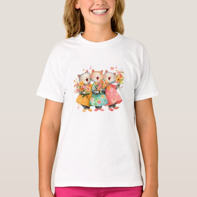 Singing Cats Holding Bouquets T Shirt (Framsida)