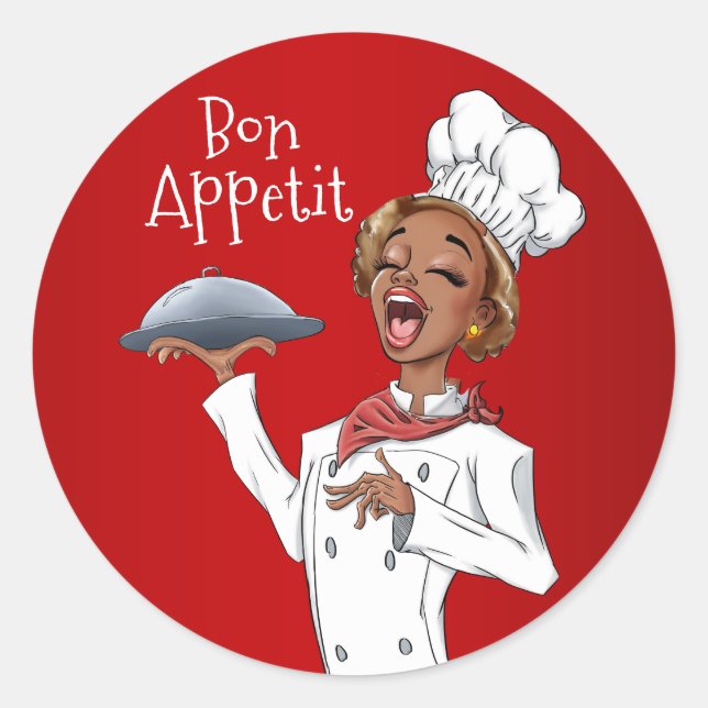 Singing Chef Woman på Red Background Runt Klistermärke (Framsida)