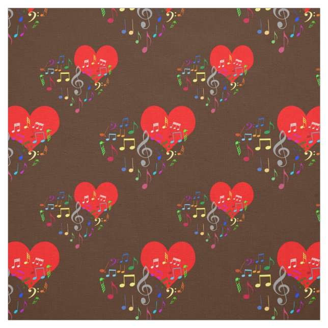 Singing Heart Mönster. Färg Notes, brunt bakgrunds Tyg (Provkarta)