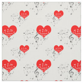 Singing Heart Mönster. Röda hörn, Grått Notes Tyg