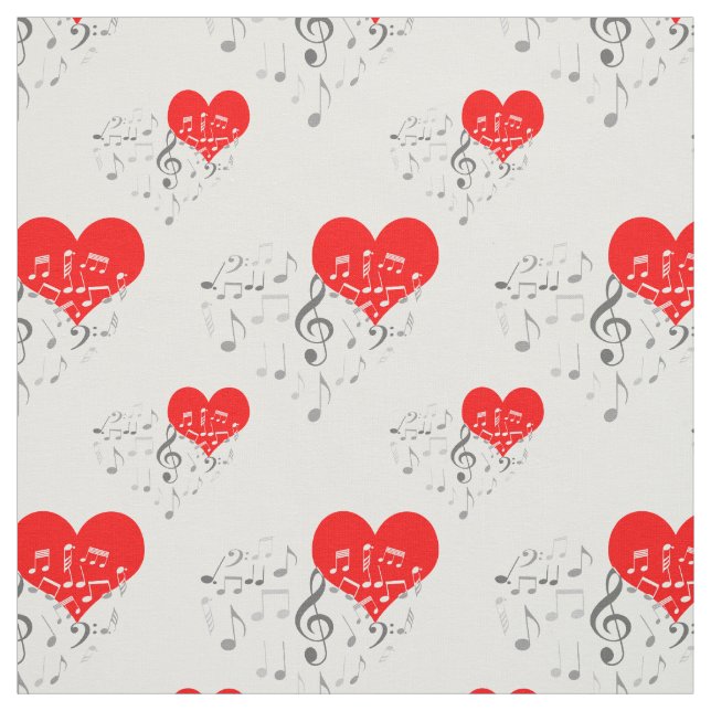 Singing Heart Mönster. Röda hörn, Grått Notes Tyg (Provkarta)