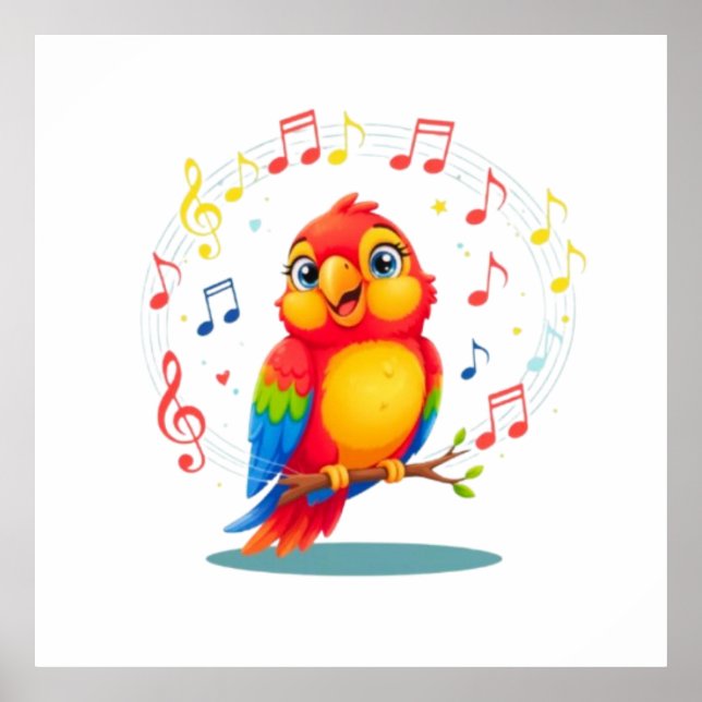 **Singing Parrot – Cute Parrot Singing Illustratio Poster (Framsidan)