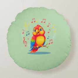**Singing Parrot – Cute Parrot Singing Illustratio Rund Kudde