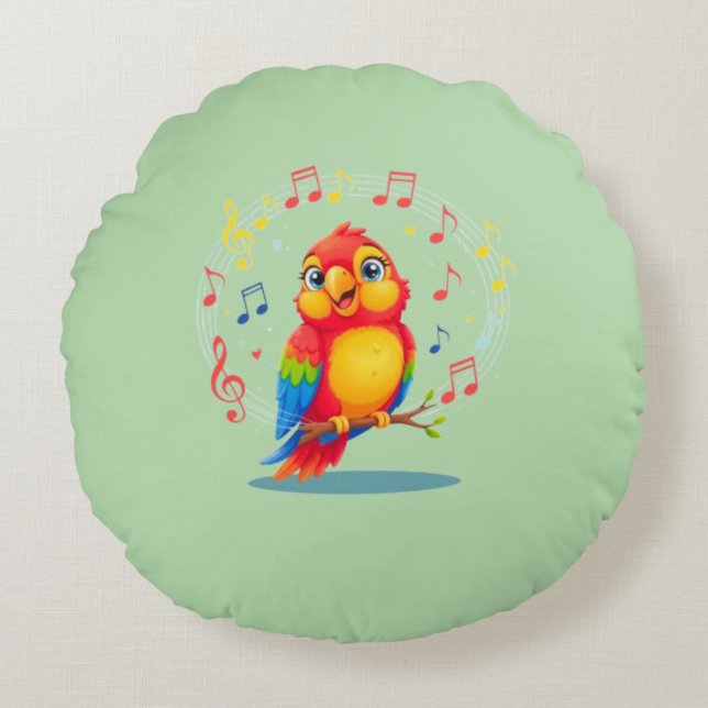 **Singing Parrot – Cute Parrot Singing Illustratio Rund Kudde (Framsidan)