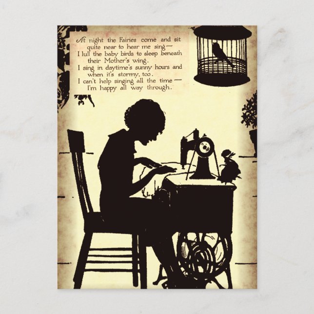 Singing Sewing Dam Vintage Fairy Dikt Vykort (Framsida)