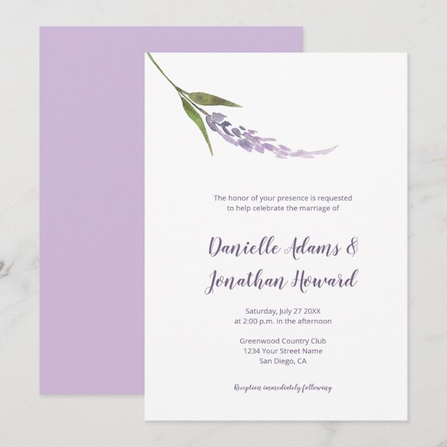 Single Flower Stem Lila Lavender Grönt Inbjudningar (Fram/baksida)