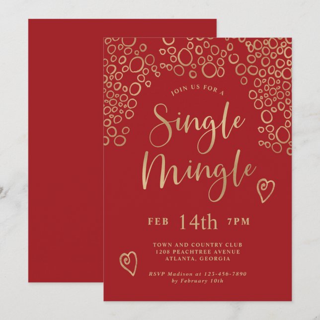 Single Mingle Valentine Party Red och Guld Inbjudningar (Fram/baksida)