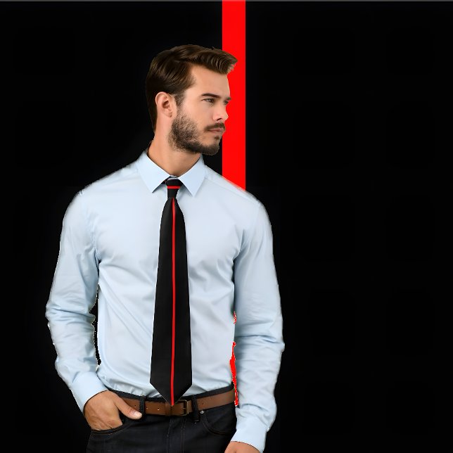Single Red Rand på Black Tie Slips (Man wears black tie with single vertical red stripe. He stands against wall with same design.)