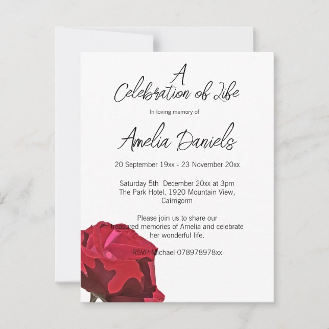 Single Red Rose Celebration of Life  Card Inbjudningar (Framsida)