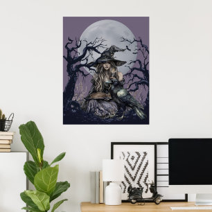 Sinister Witch Casting a Spell in a mörk Forest Poster
