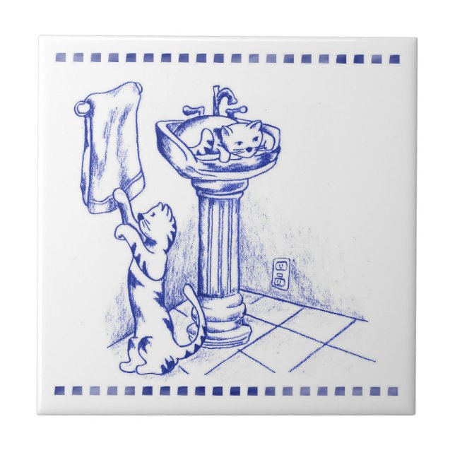 Sink and Towel Kattunge Bathroom Toile-utseende Kakelplatta (Framsidan)