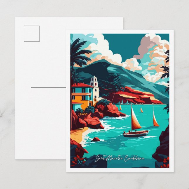 Sint Maarten-Västindiens reseillustration Vykort (Fram/baksida)