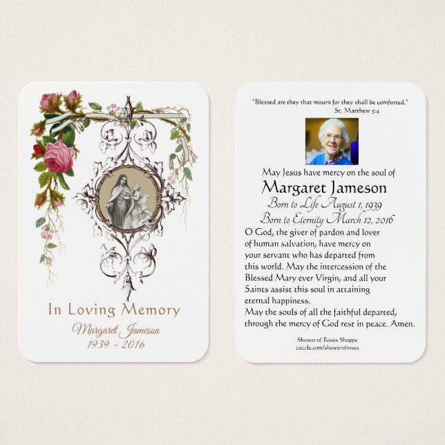 Sint. Therese Catholical Funeral Memorial Heliga C Visitkort (Framsida & baksida)