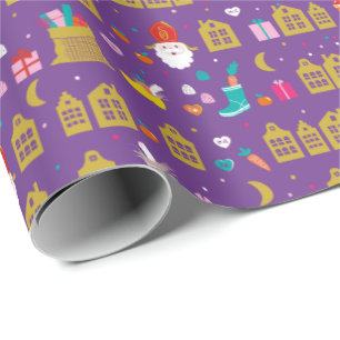 Sinterklaas met huisjes, zak kadootjes en snoep presentpapper