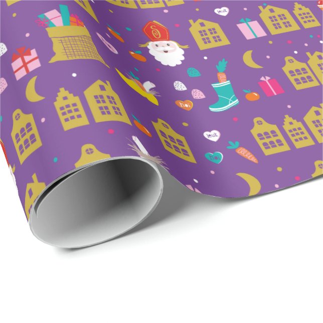 Sinterklaas met huisjes, zak kadootjes en snoep presentpapper (Rullad Hörn)