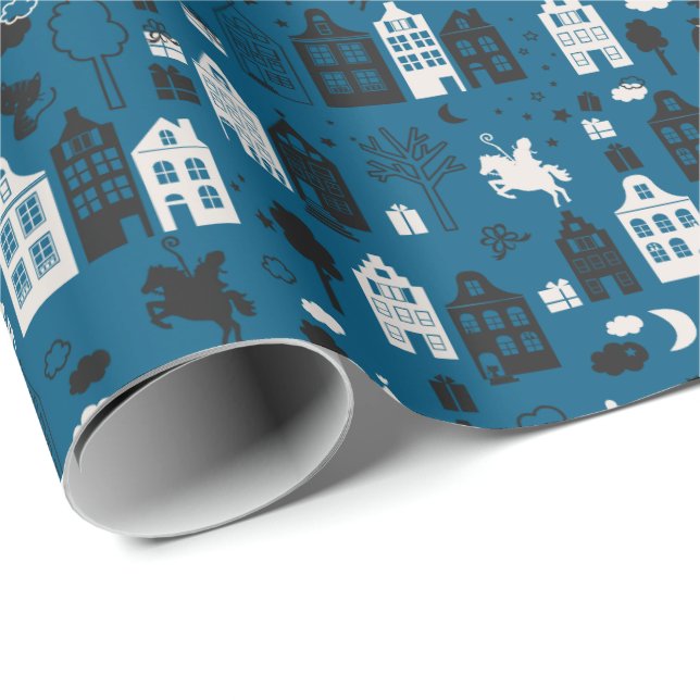 Sinterklaas met paard en huisjes blauw presentpapper (Rullad Hörn)