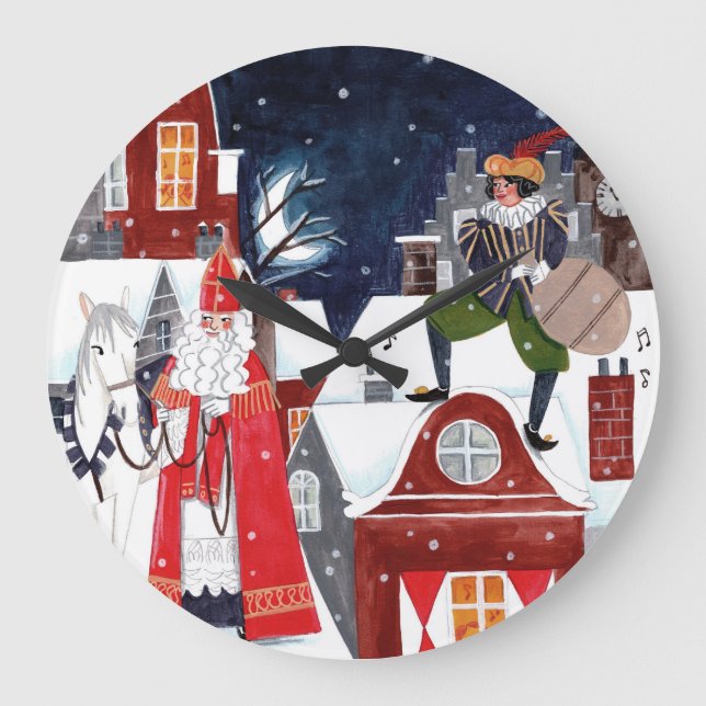 Sinterklaas Night Village Dutch Holiday Wall Clock Stor Klocka (Framsida)