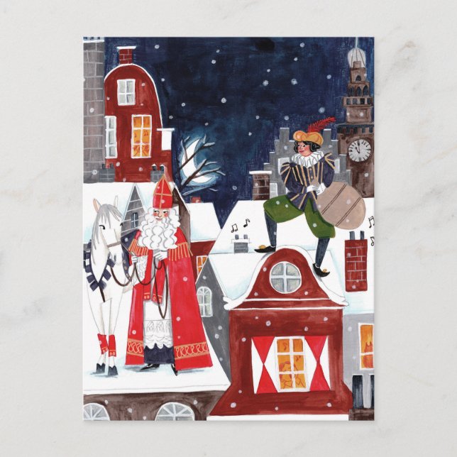 Sinterklaas och Piet på taken av Amsterdam Helg Vykort (Framsida)