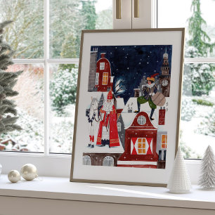 Sinterklaas och Piet på taken av Amsterdam Poster
