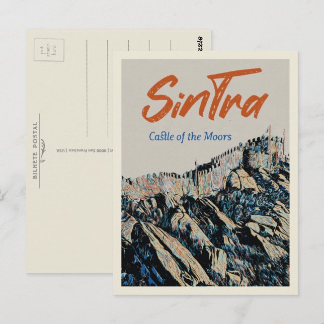 Sintra Moors castle illustration Portugal Vykort (Fram/baksida)