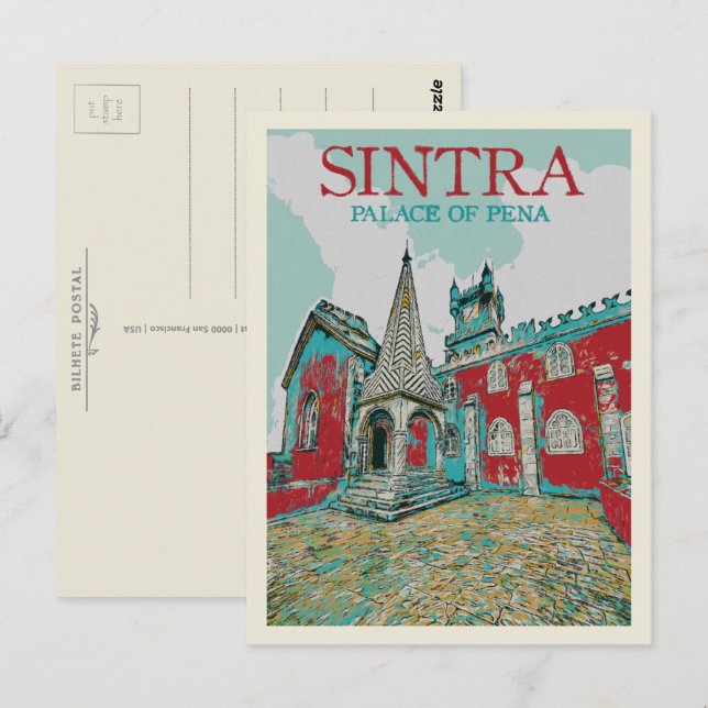 Sintra Palace of Pena illustration, Portugal Vykort (Fram/baksida)