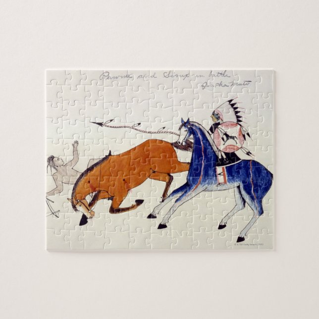 Sioux-krigare Aintka Mato unhorsing rival Pussel (Horisontell)