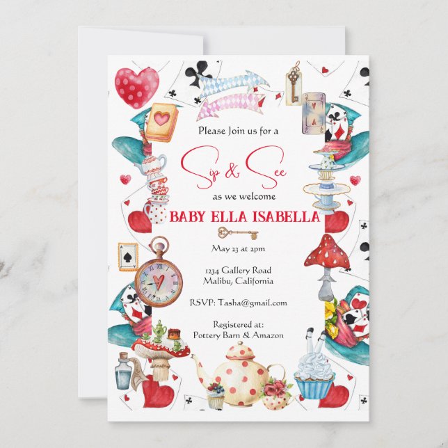 Sip and See Alice Teparty-inbjudan Inbjudningar (Framsida)