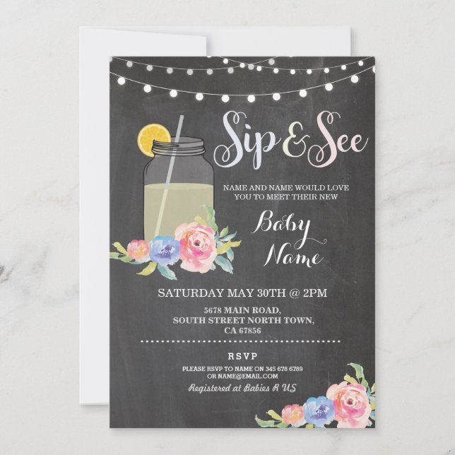 Sip and See Baby Shower Blommigt Chalk Rustic Inbj Inbjudningar (Framsida)
