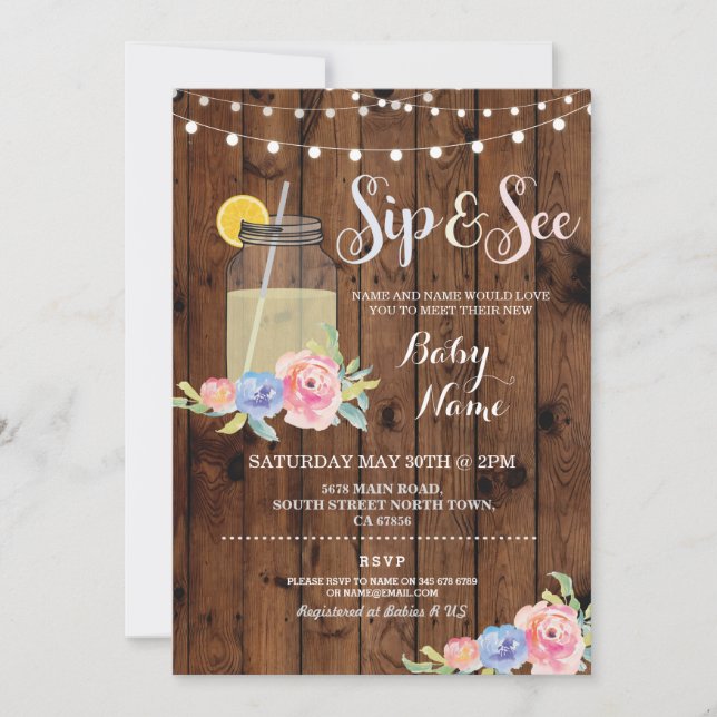Sip and See Baby Shower Blommigt Wood Rustic Inbju Inbjudningar (Framsida)