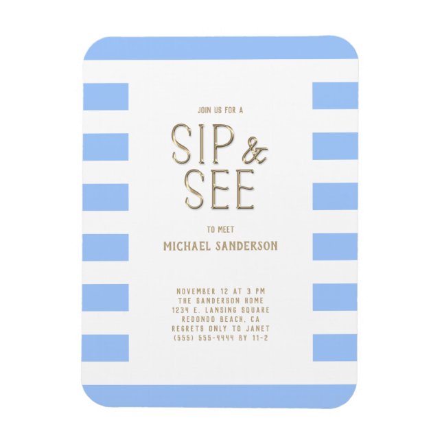 Sip and See Baby Shower Blue White Stripe Magnet (Vertikal)