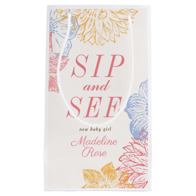 Sip and See Baby Shower Label Modern Blommigt (Framsidan)