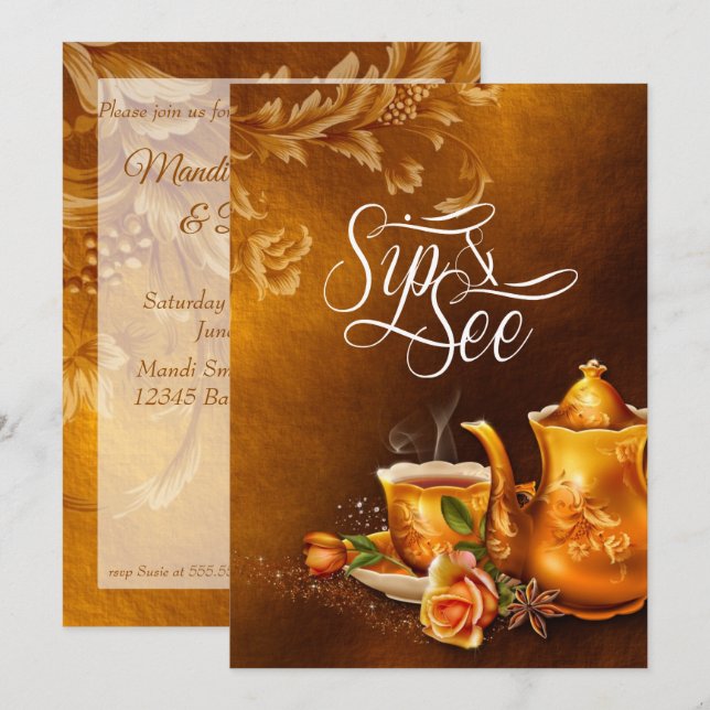 Sip and See Baby Shower Nostalgic Guld Tea Party Inbjudningar (Fram/baksida)
