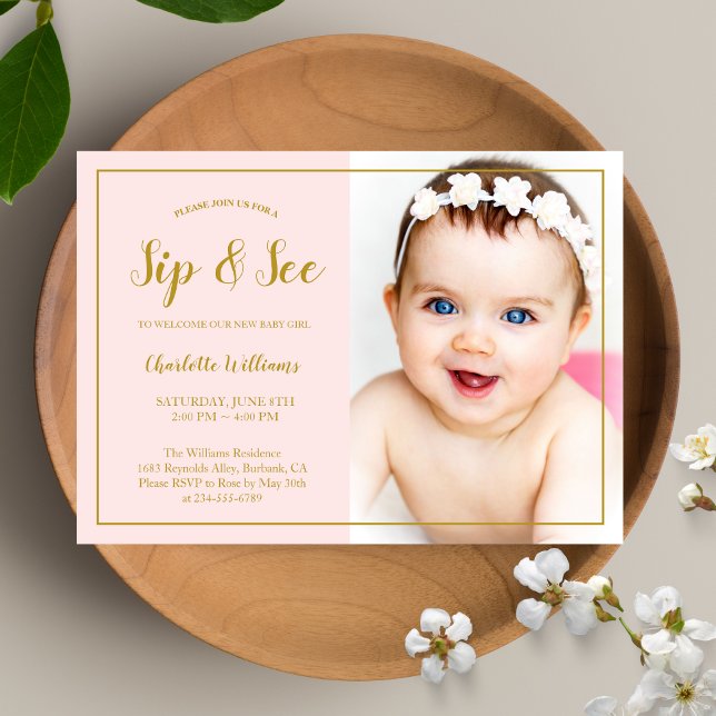 Sip and See Baby Shower Rosa Guld Glitter Photo Inbjudningar (Skapare uppladdad)