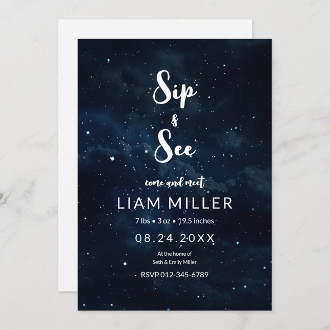 Sip and See Baby Shower, Starry Night Minimalist Inbjudningar (Fram/baksida)