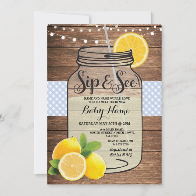 Sip and See Baby Shower Wood Rustic Blue Inbjudan (Framsida)